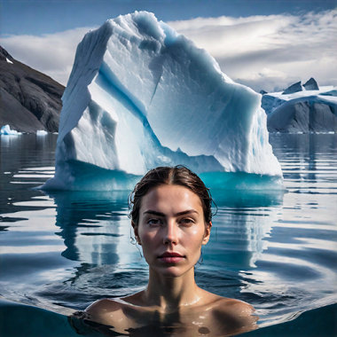 Woman swimming next to iceberg, only her head visible above the water