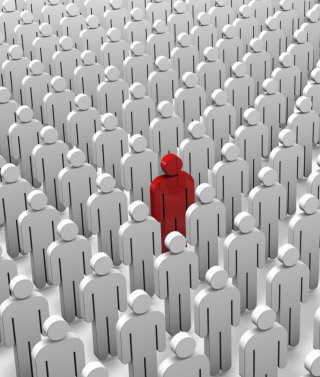 Computer generated image of one red person among many white people