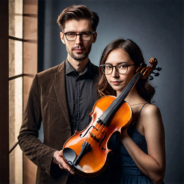 Tall, intelligent-looking male violinist standing next to woman
