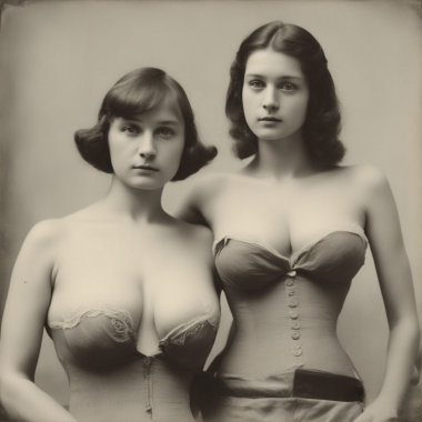 Old photo of two scantily dressed women, one with a large bosom and one with a small waist