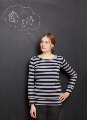 Woman next to thought bubble on blackboard showing a house and children
