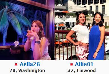 Two women's dating profiles showing their thumbnails, name, age, location