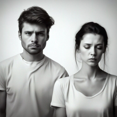 Black and white photo of unhappy man and woman standing side by side