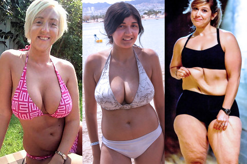 Full body photos of 3 women in bathing suits, two well-endowed and one with loose skin