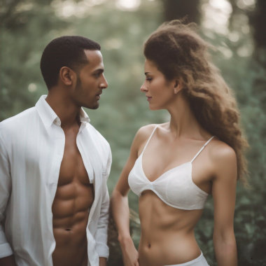Half-undressed man and woman standing in forest gazing at each other