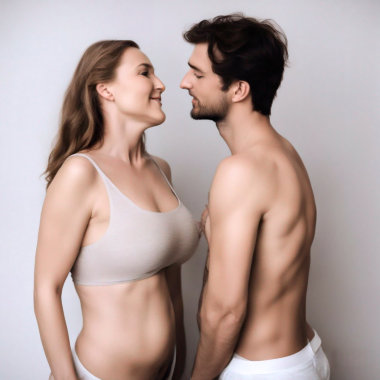 Older woman and younger man in underwear facing each other, about to kiss