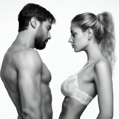 Black and white photo of man and woman in underwear standing very close facing each other