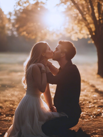 Woman and man kneeling on grass next to tree, in front of sunset, kissing