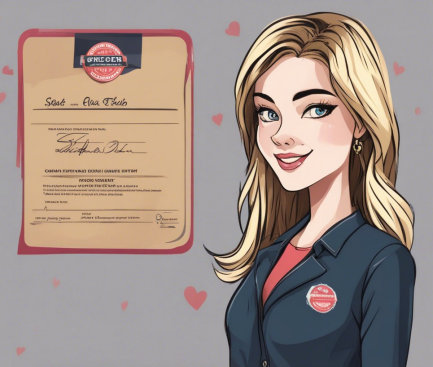 Drawing of woman wearing badge against background with hearts, next to certificate