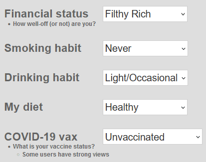 Financial status, smoking habit, drinking habit, diet and vaccination status selectors