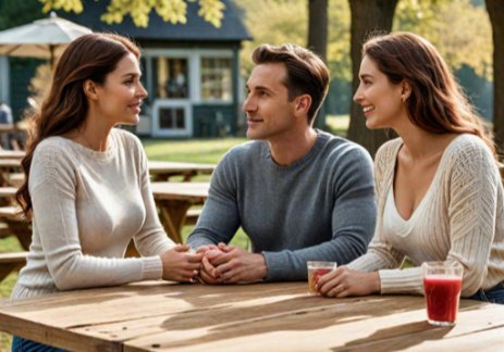 Couple admiring a woman, all sitting at picnic table in park