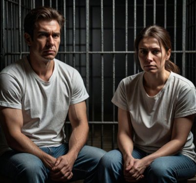 Sad couple sitting in jail cell