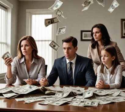 Divorcing couple in attorney's office, Dollar bills all over