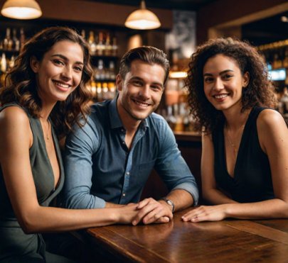 Man sitting at bar with two women, all smiling