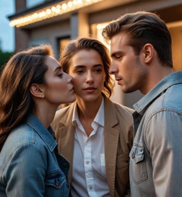 Man standing with two attractive women, one nuzzling the other