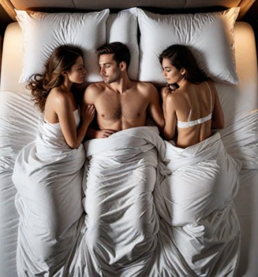 Man sleeping between two women in bed, in underwear, under blanket